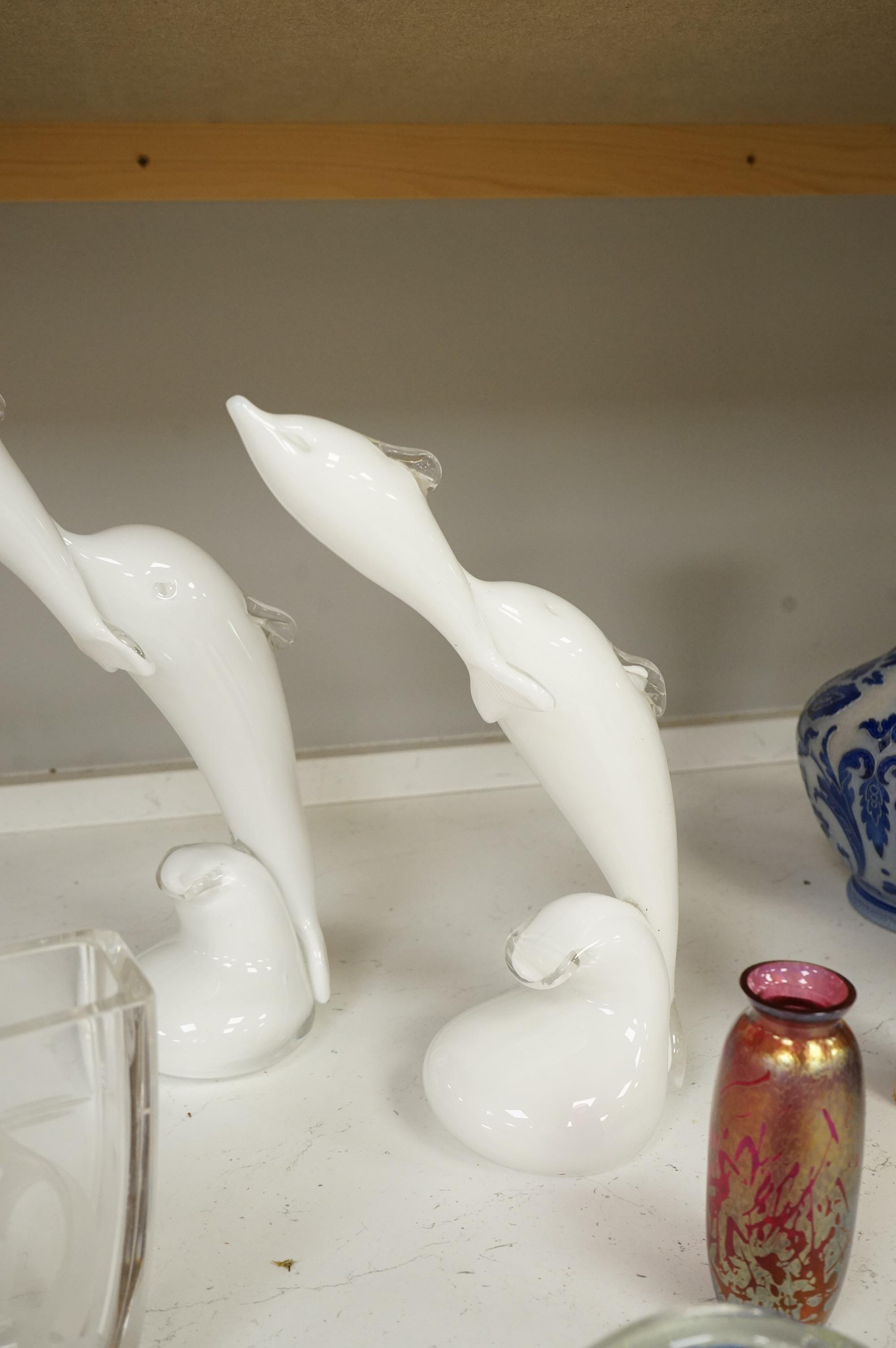 A collection of studio glass, including two glass aquarium ornaments, a pair of Langham dolphins, a Scandinavian fish vase and a smaller vase, largest 34cm high (6)